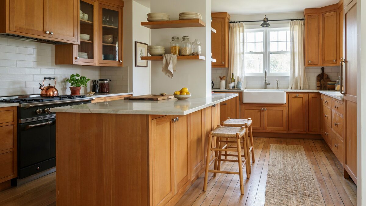 U shaped hickory kitchen with warm hardwood floors and center island