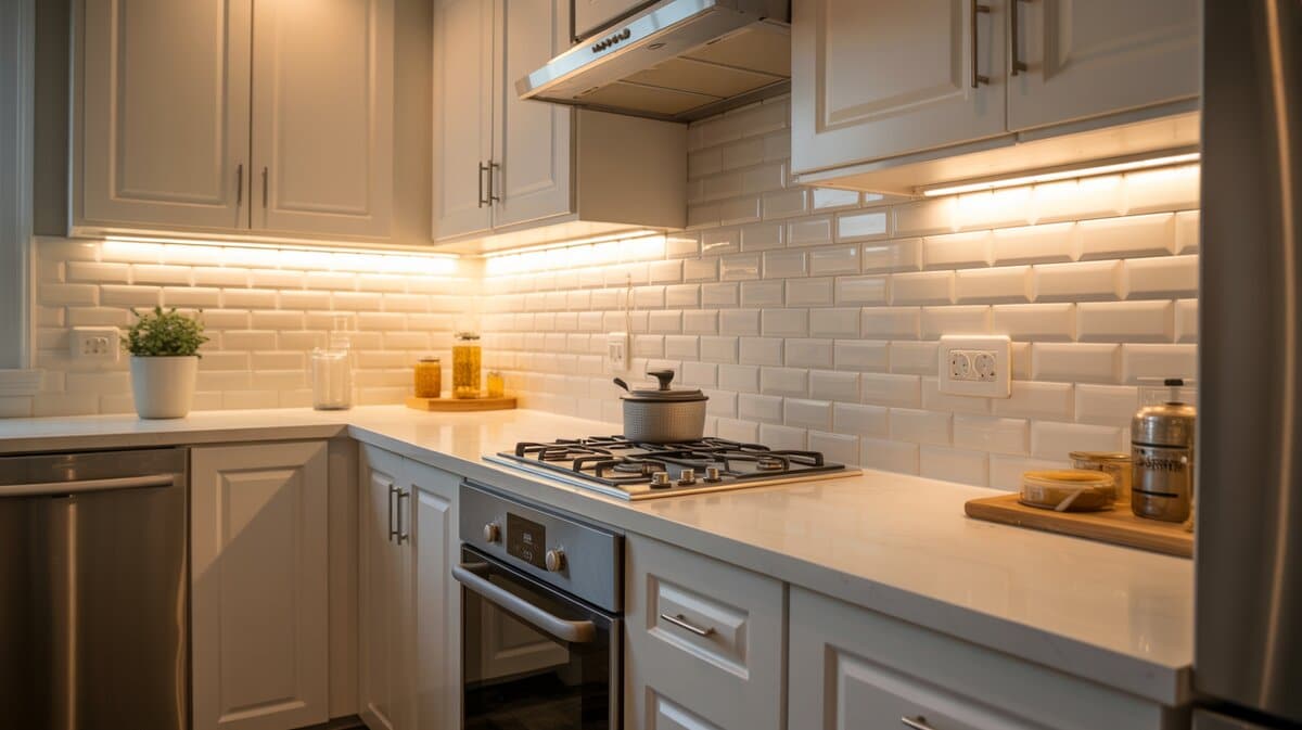 Under-cabinet LED strip lighting installed beneath white kitchen cabinets illuminating the countertop below