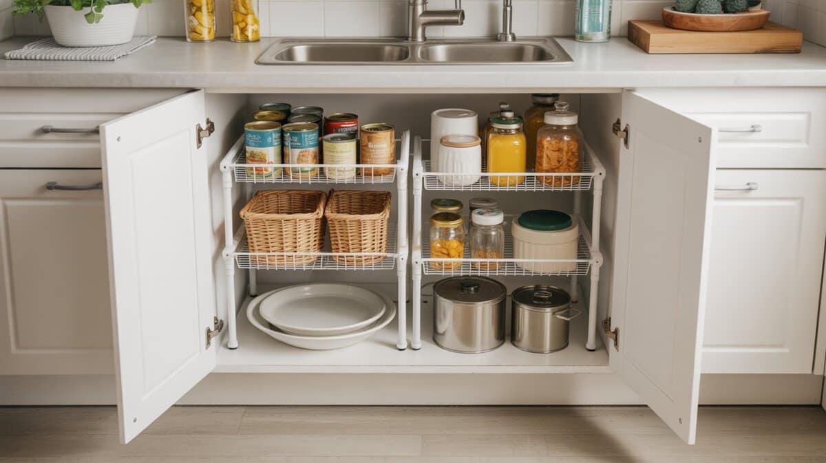 White under-sink cabinet showing adjustable three-tier wire shelf organizer with neatly sorted kitchen supplies