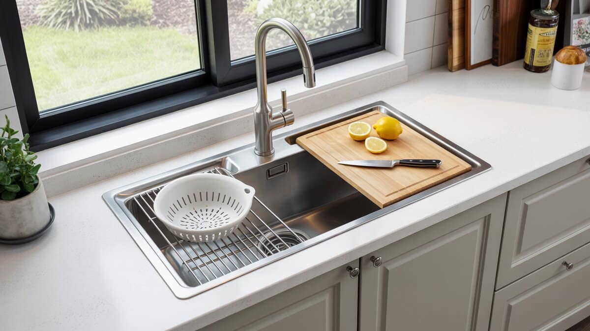 Modern undermount stainless kitchen sink with integrated bamboo cutting board and roll-out drain rack accessories