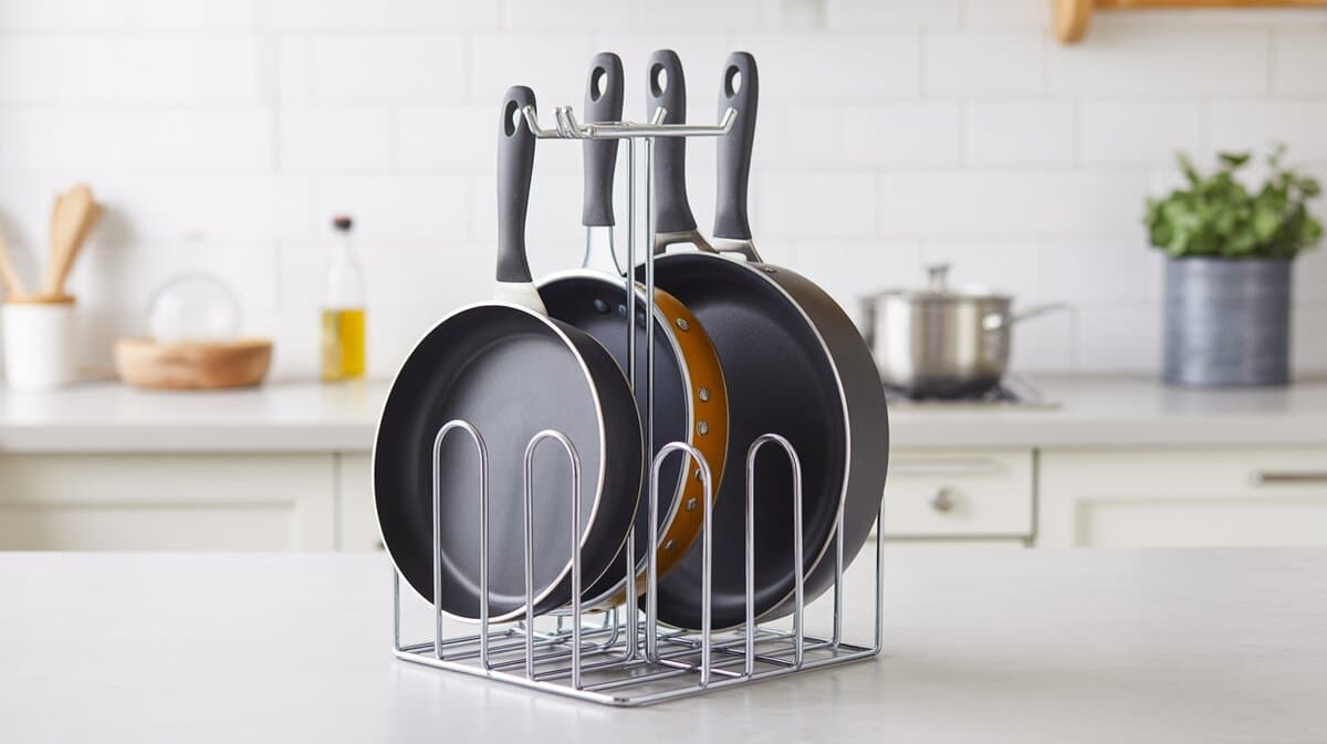 Vertical metal pan and lid organizer rack standing on kitchen countertop storing skillets upright to save space