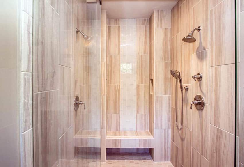 Walk in shower with showerhead and bench