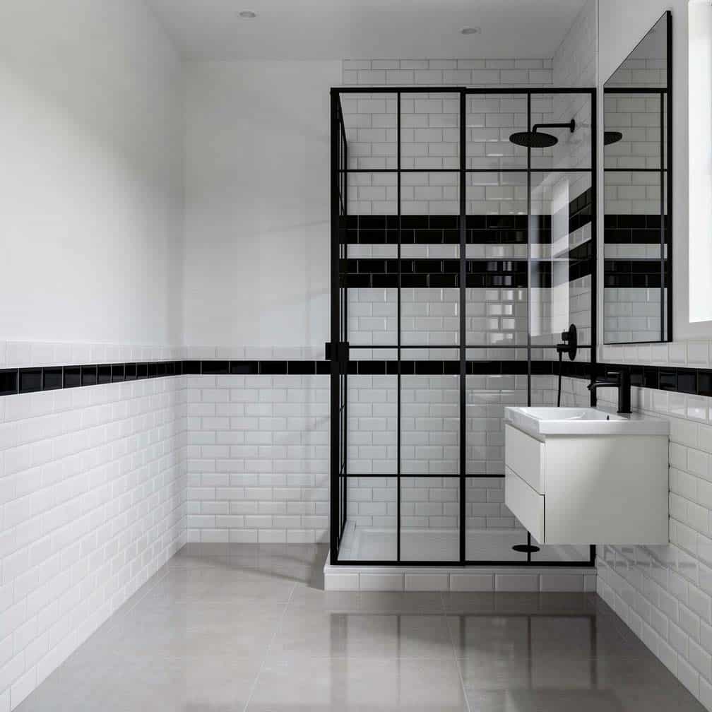 Beveled white subway tile paneling paired with a contrasting matte black shower enclosure