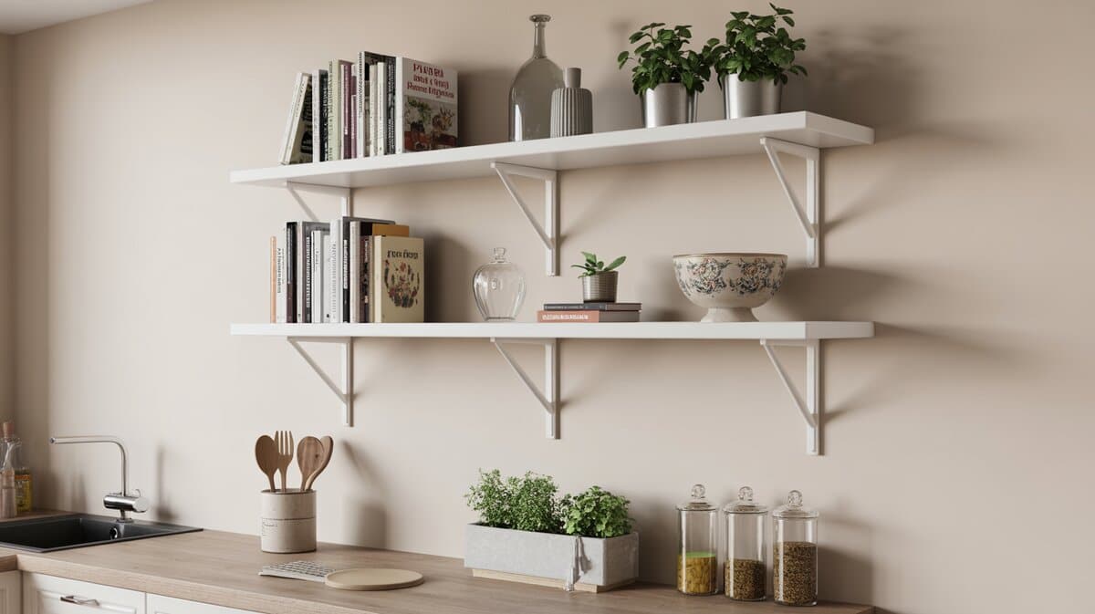 White floating wall shelves above kitchen countertop holding cookbooks, potted herbs and a glass canister set