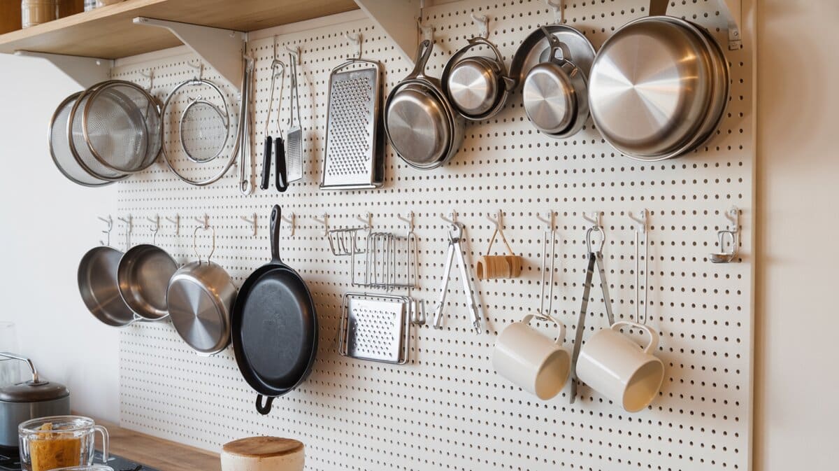 White metal pegboard kitchen organizer loaded with pans, colanders, mugs and utensils on S-hooks