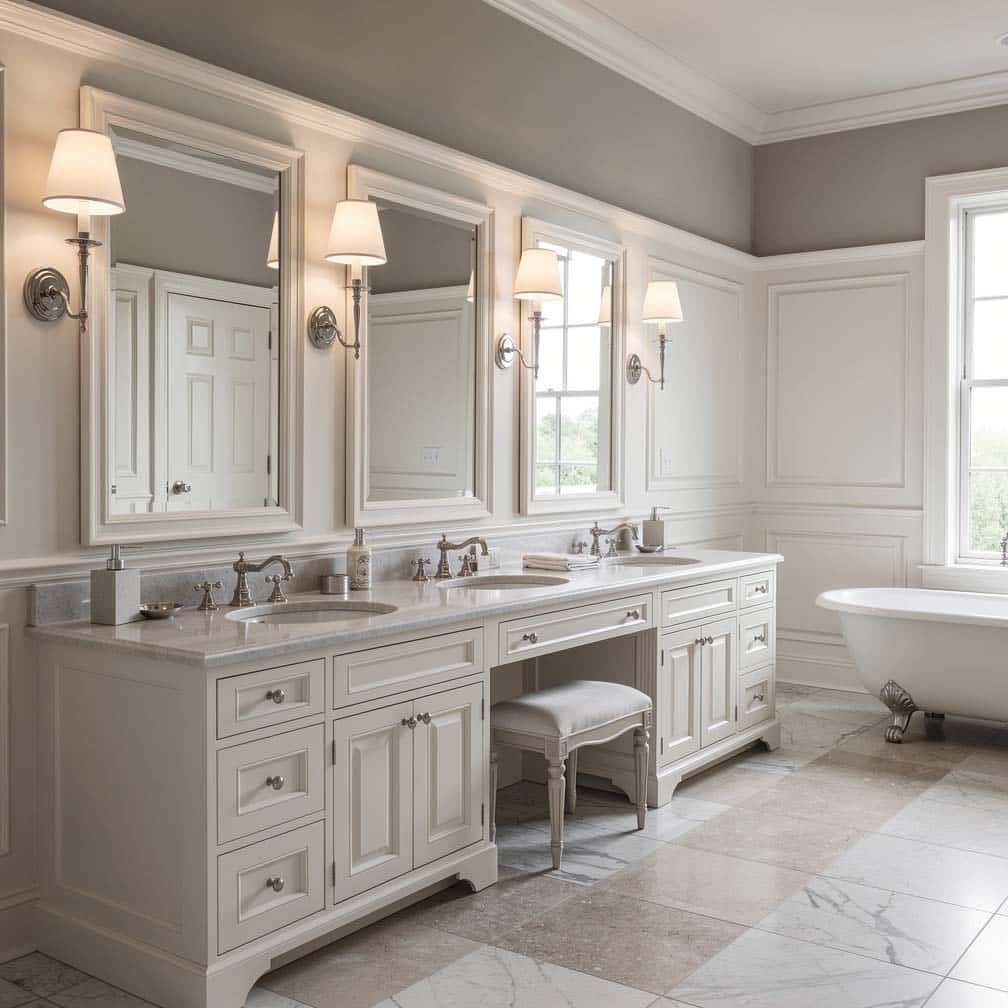 Traditional chair-rail height paneling along all walls with an elegant dual double-sink vanity