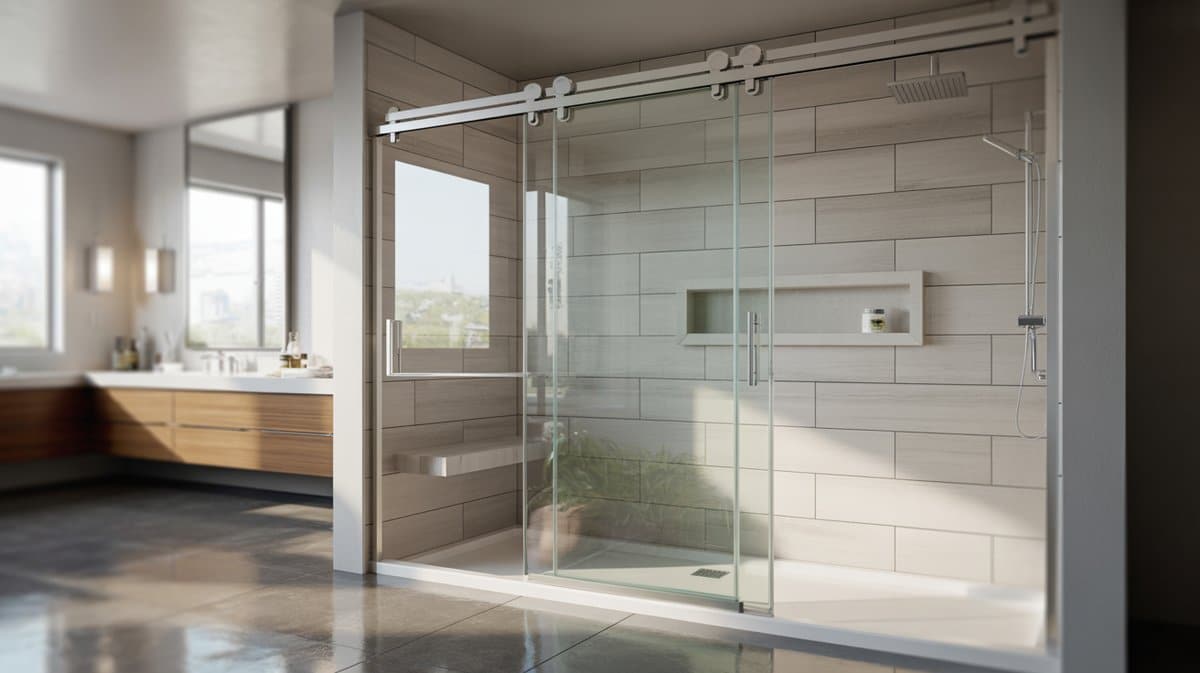 Frameless sliding glass shower door on chrome rail in bright tiled bathroom