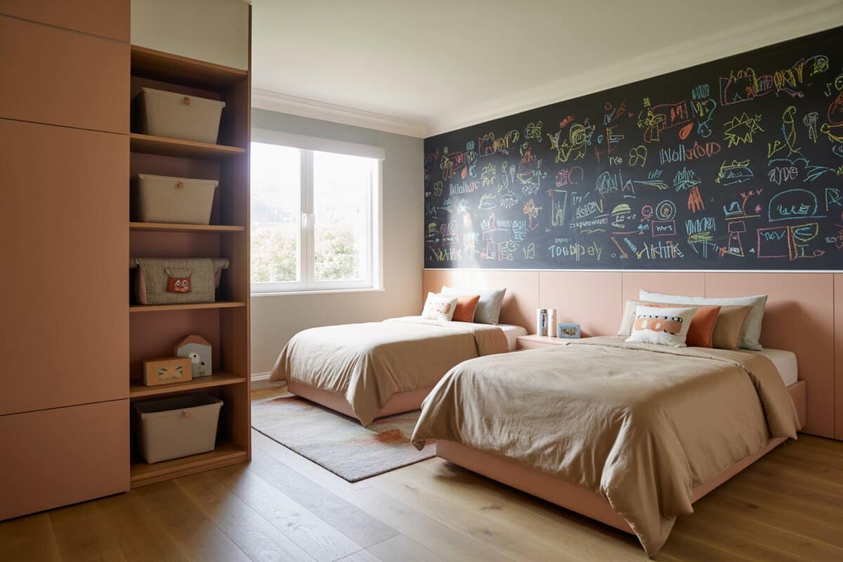 Shared kids bedroom with a black chalkboard wall and warm neutral twin beds