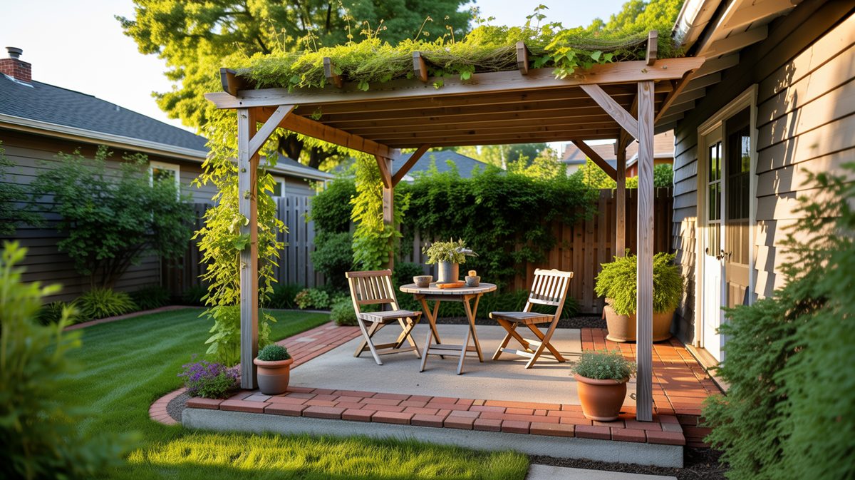 Wood pergola draped in vines shading a brick and concrete patio bistro set