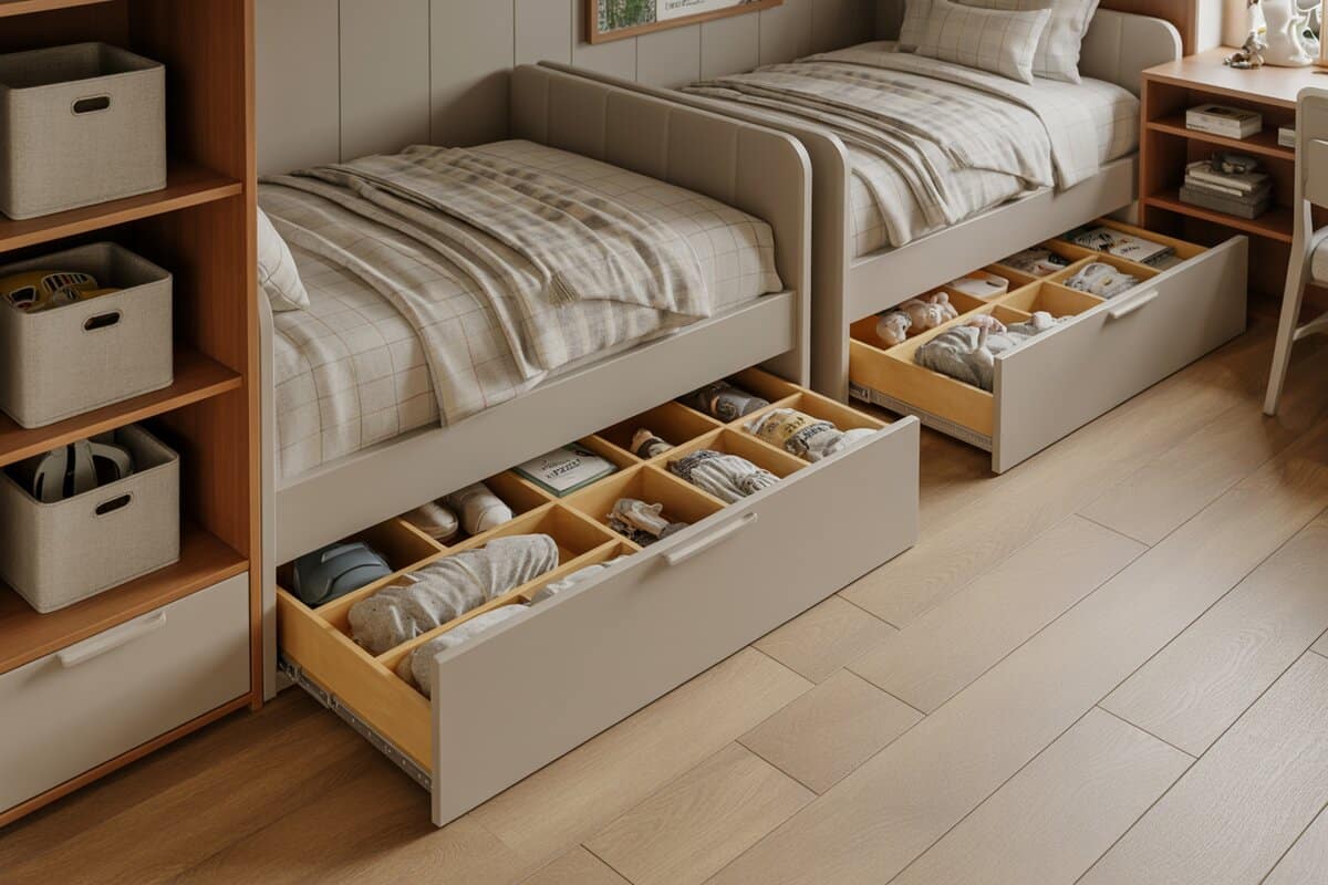 Twin kids beds with pull-out under-bed drawers in a soft gray room