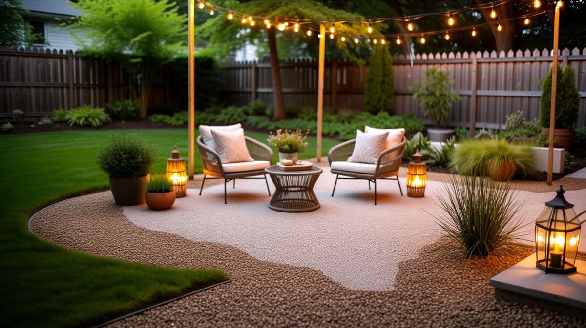 Pea gravel patio with woven chairs, glowing lanterns and warm string lights