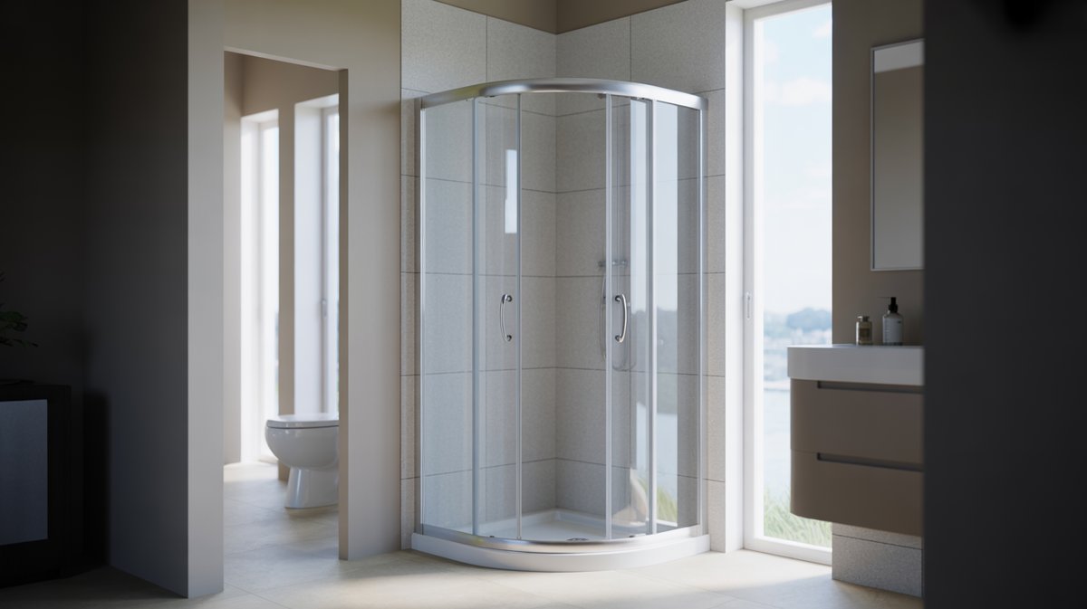 Curved quadrant corner shower with rounded sliding glass doors in modern bathroom