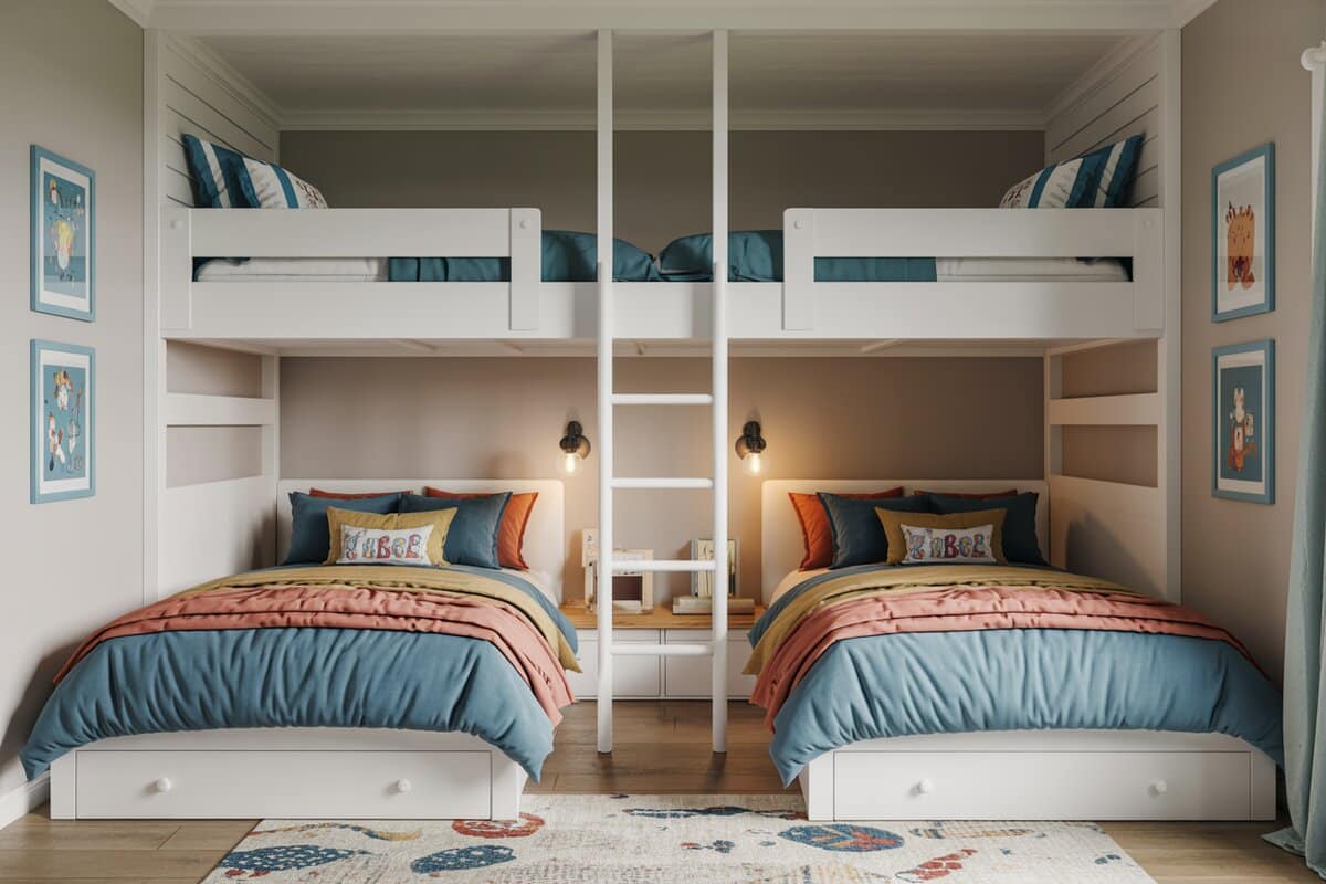 White built-in bunk beds dressed in cheerful blue coral and mustard bedding