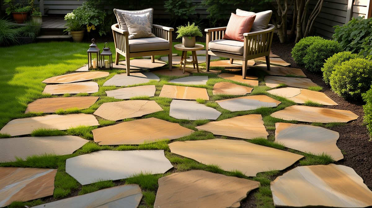 Irregular flagstone slabs set in grass beside two cushioned teak armchairs