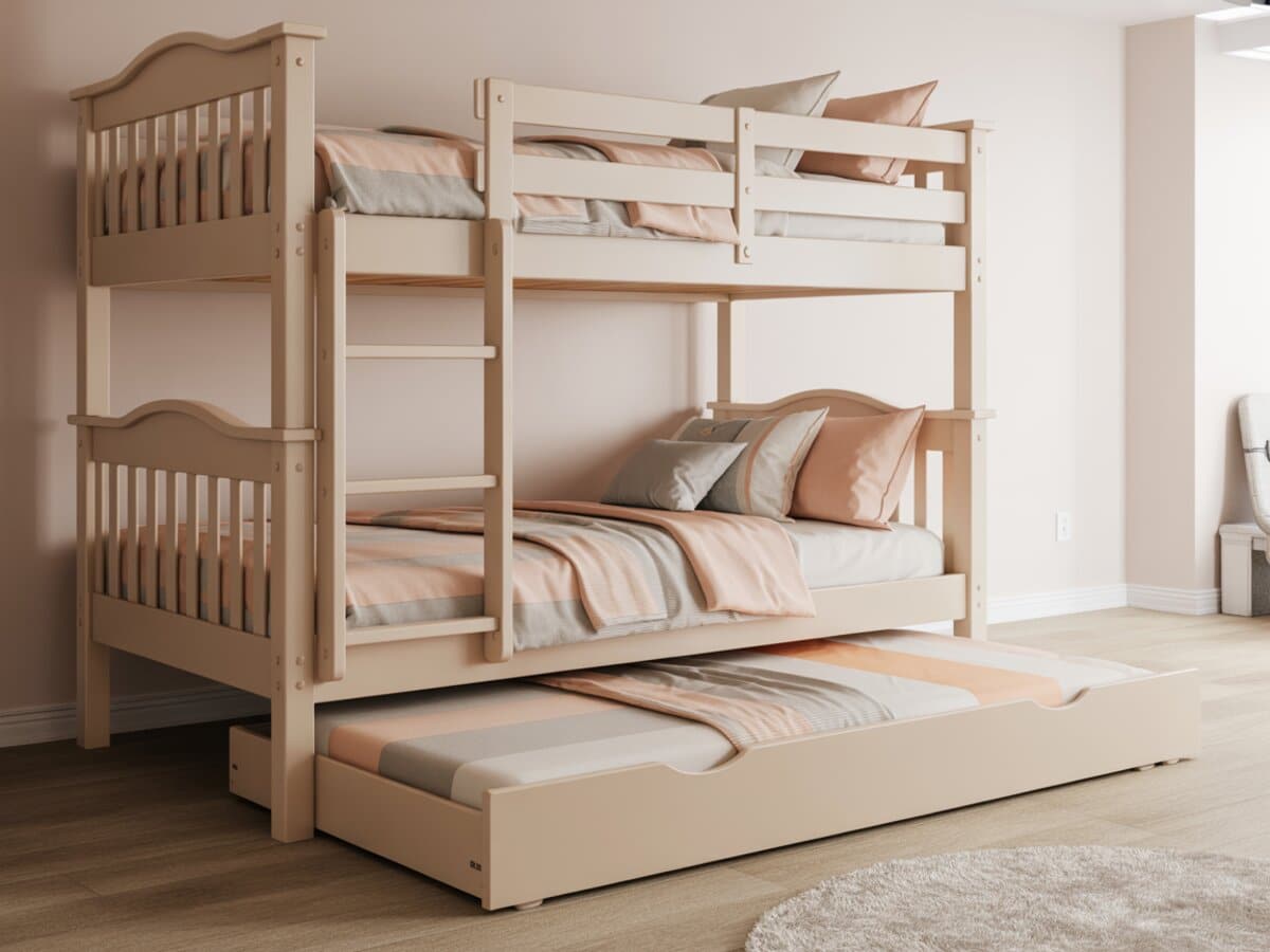 White bunk bed with a pull-out trundle mattress on the floor below