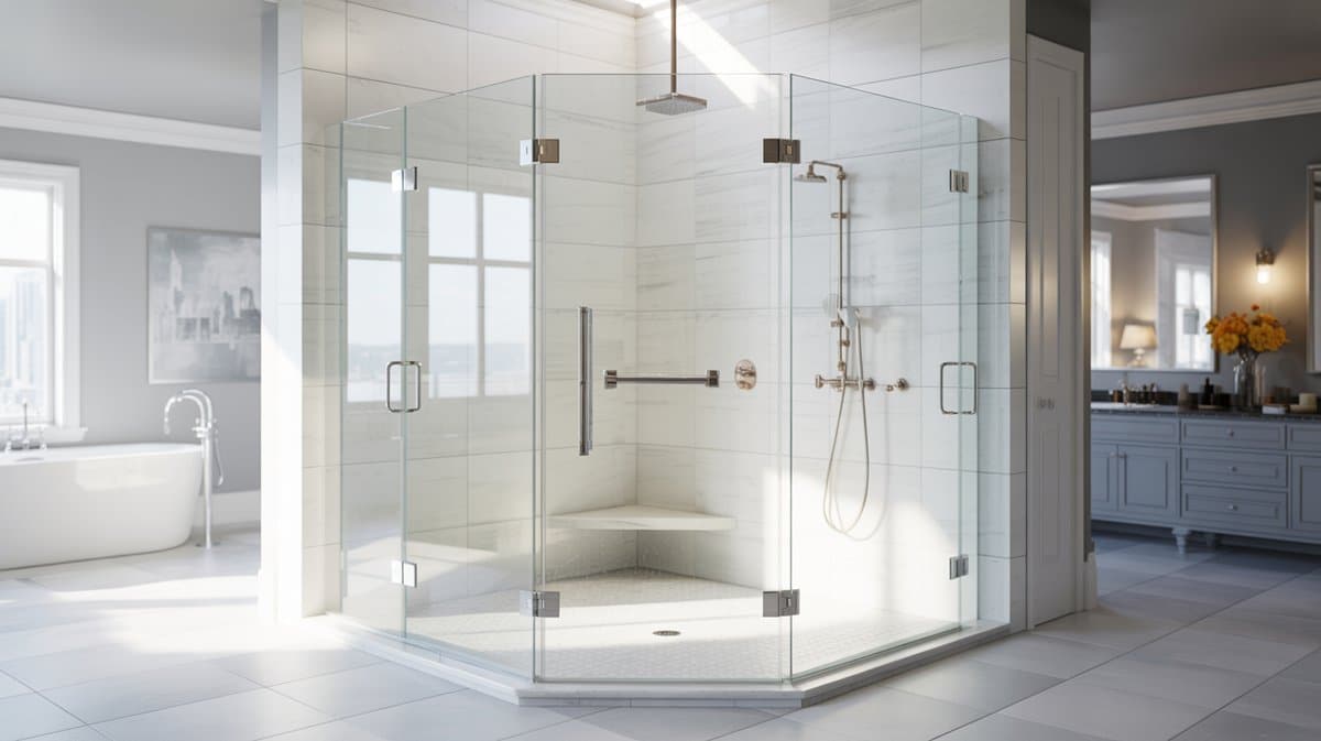 Frameless neo angle glass shower enclosure in bright white marble bathroom corner