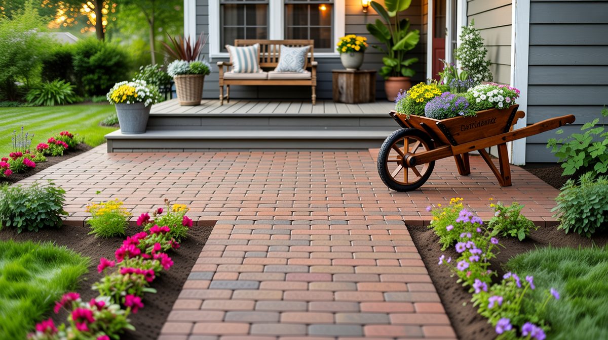 Brick paver walkway leading to a porch with a wheelbarrow flower planter