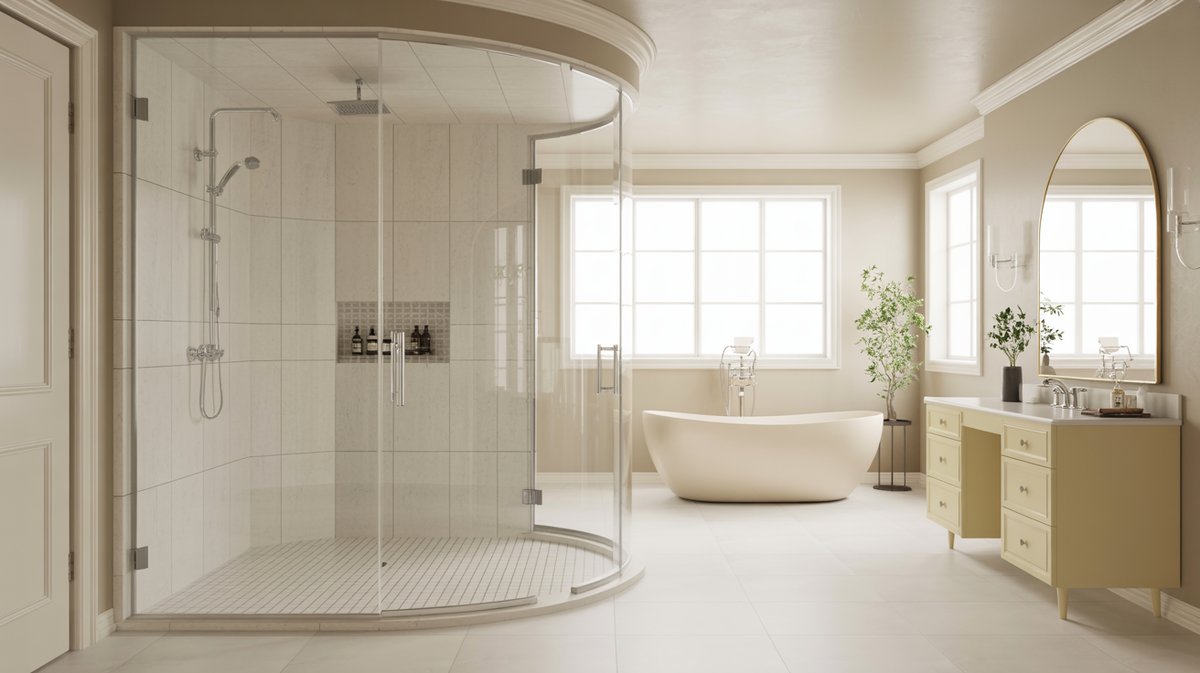 Curved glass steam shower sealed to ceiling beside cream freestanding soaking tub