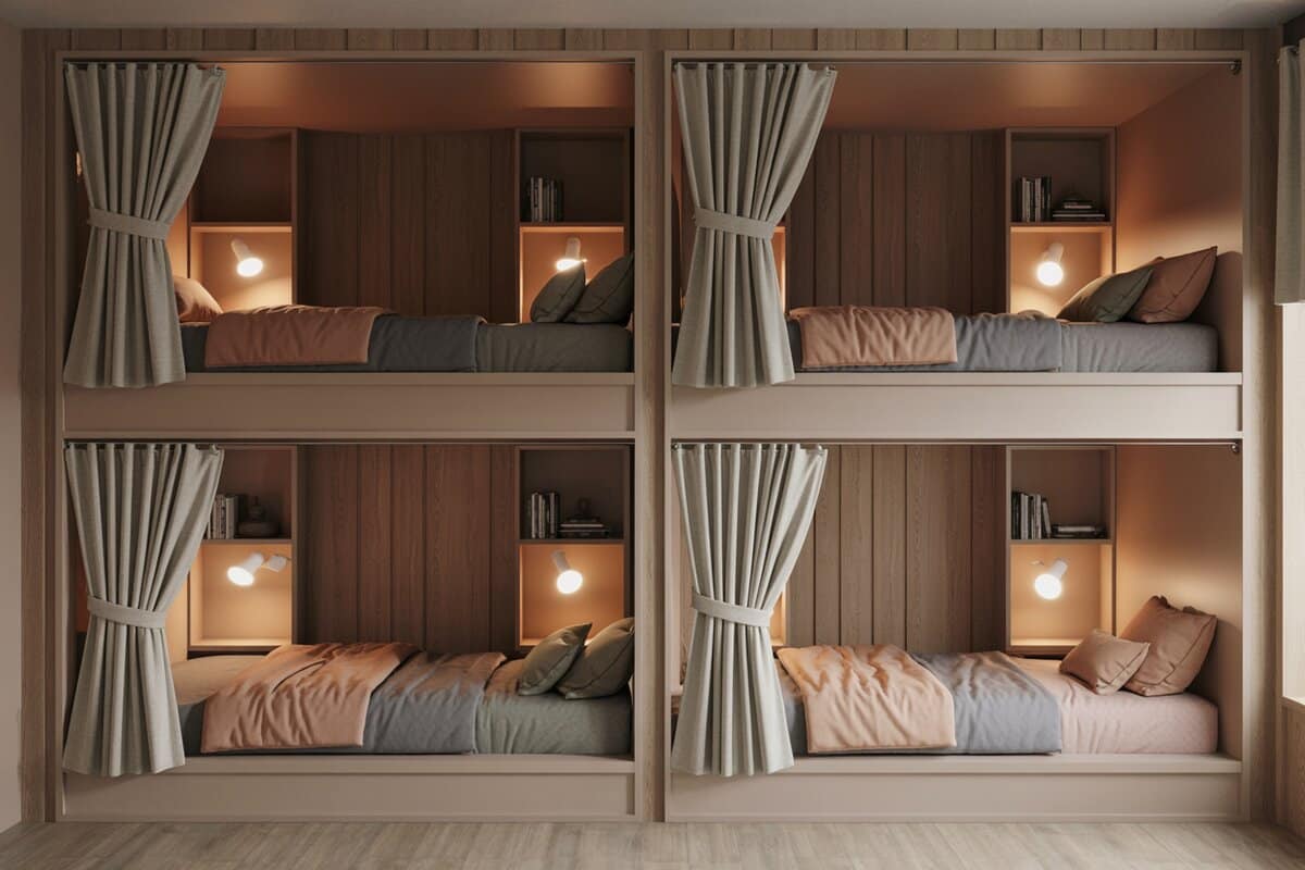 Built-in bunk nook with privacy curtains and warm reading lights inside