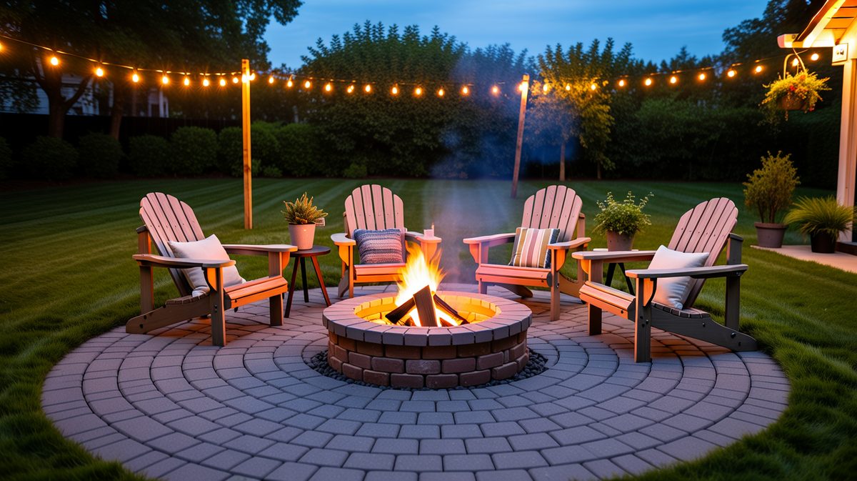 Round brick fire pit ringed by Adirondack chairs under evening string lights