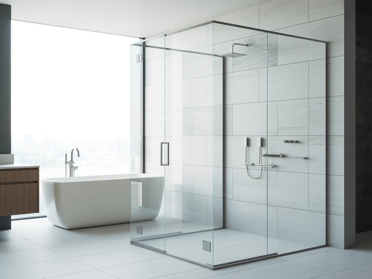 Frameless clear glass corner shower next to white tub by large window