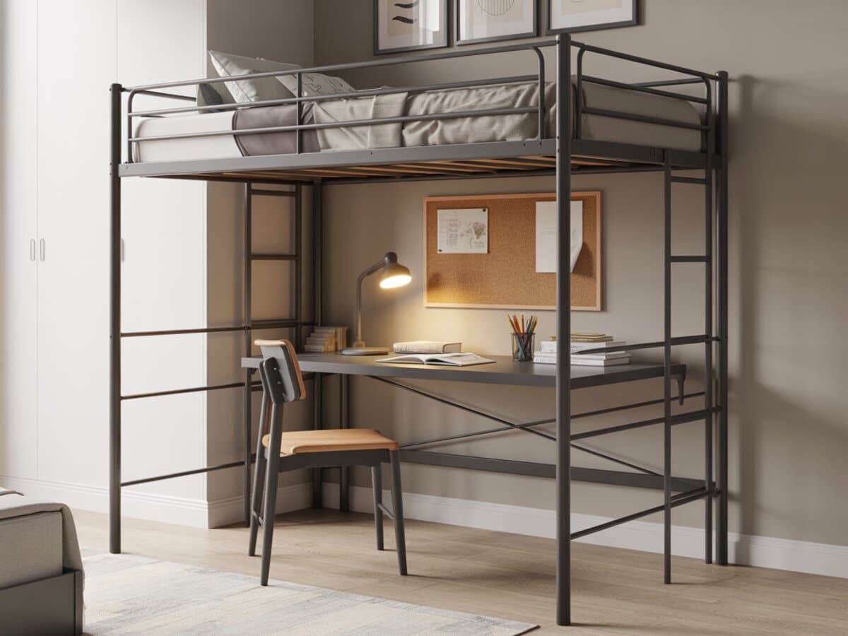 Black metal loft bed with a study desk and lamp underneath