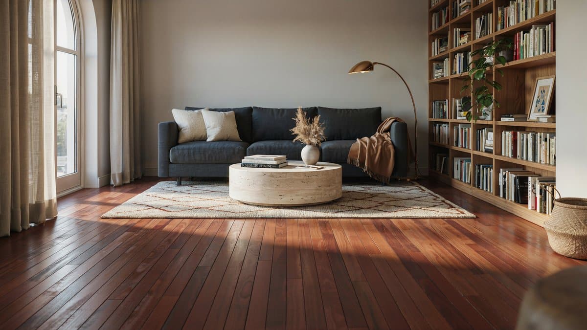 Living room floored with rich reddish brown Brazilian cherry hardwood planks