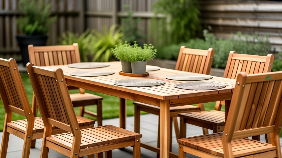 Honey-toned eucalyptus wood dining table and chairs on a paver patio