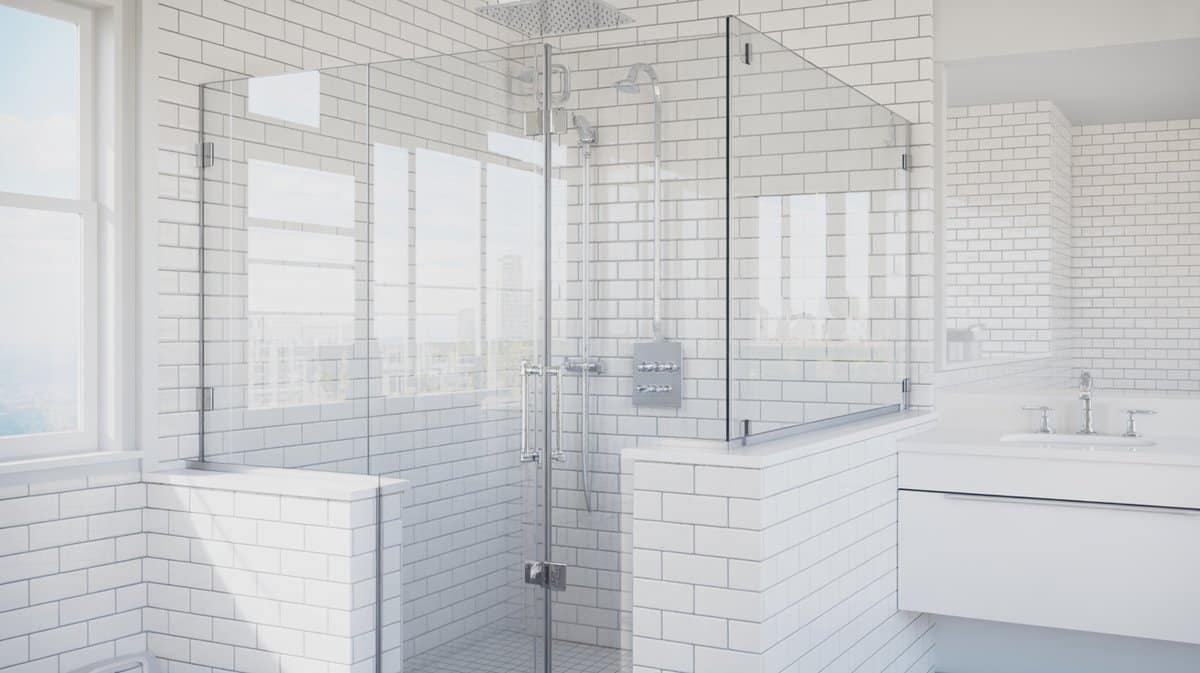 Clear glass shower enclosure with white subway tile and bright city windows