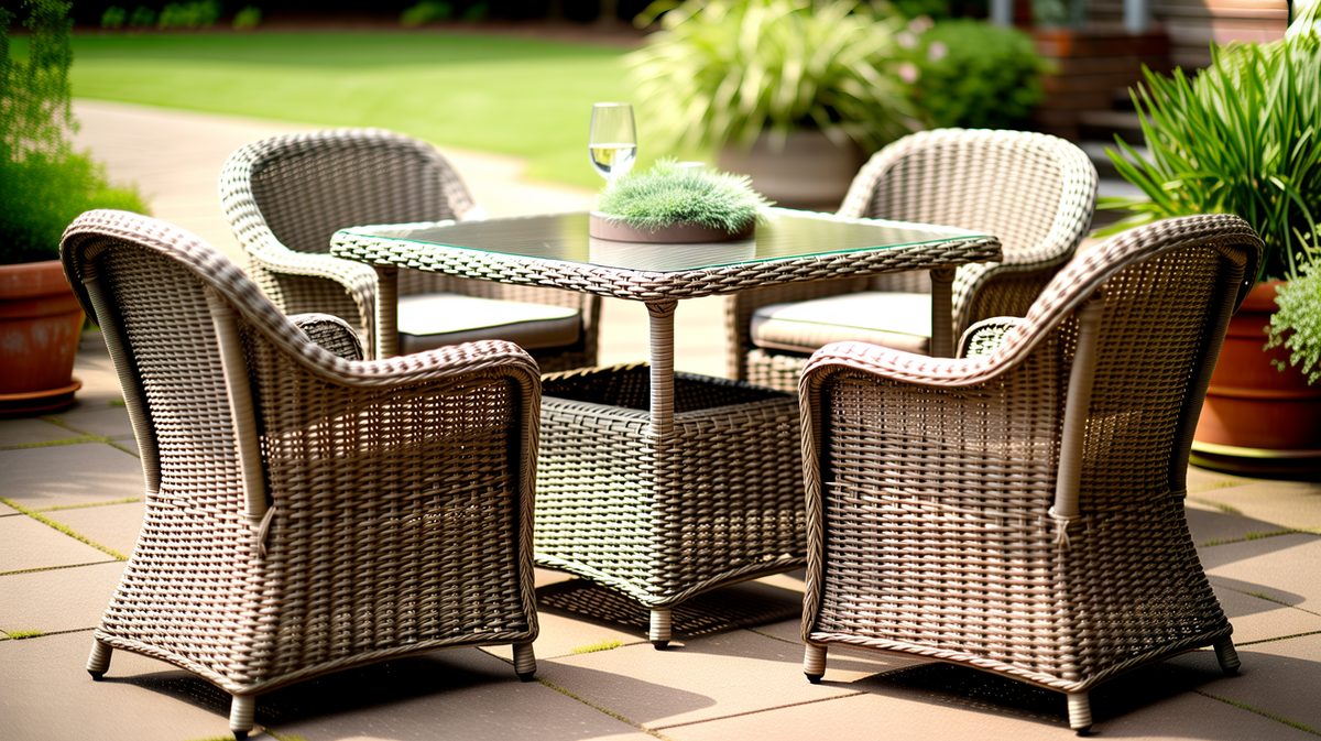 Brown resin wicker dining chairs and glass-top table on stone pavers