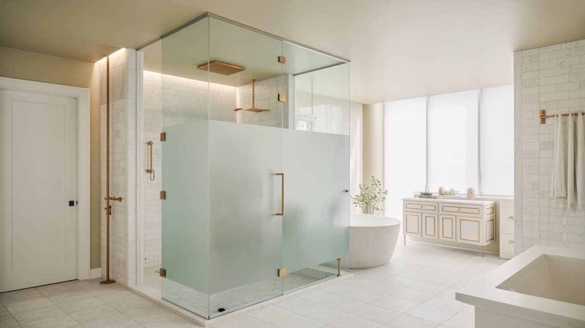 Frosted glass shower enclosure with gold fixtures in luxury cream bathroom