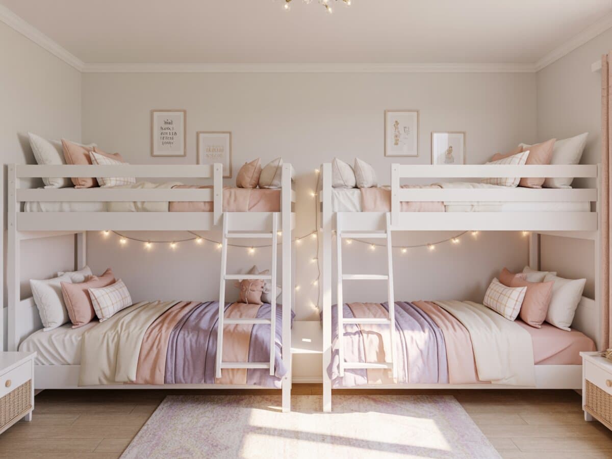 White bunk beds with blush lavender and cream bedding against neutral walls