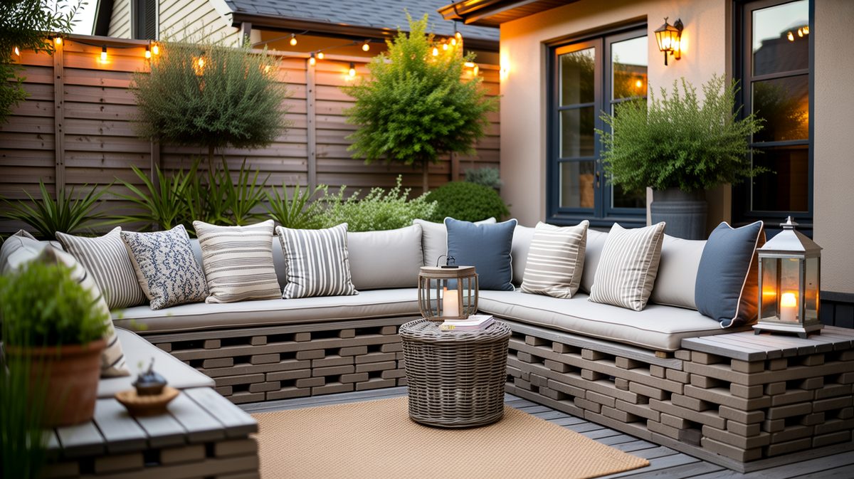 Built-in paver bench topped with cushions and pillows on a cozy patio