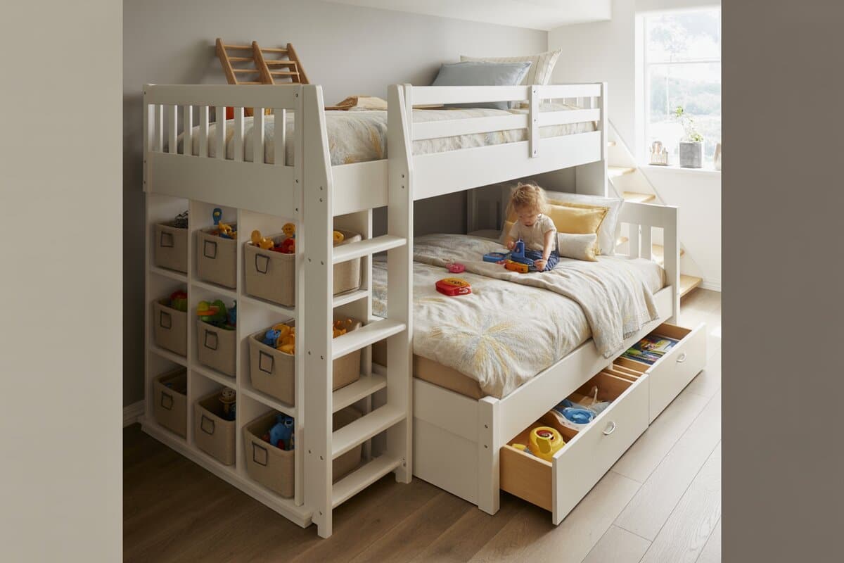 Compact white bunk bed with built-in toy cubbies and under-bed drawers