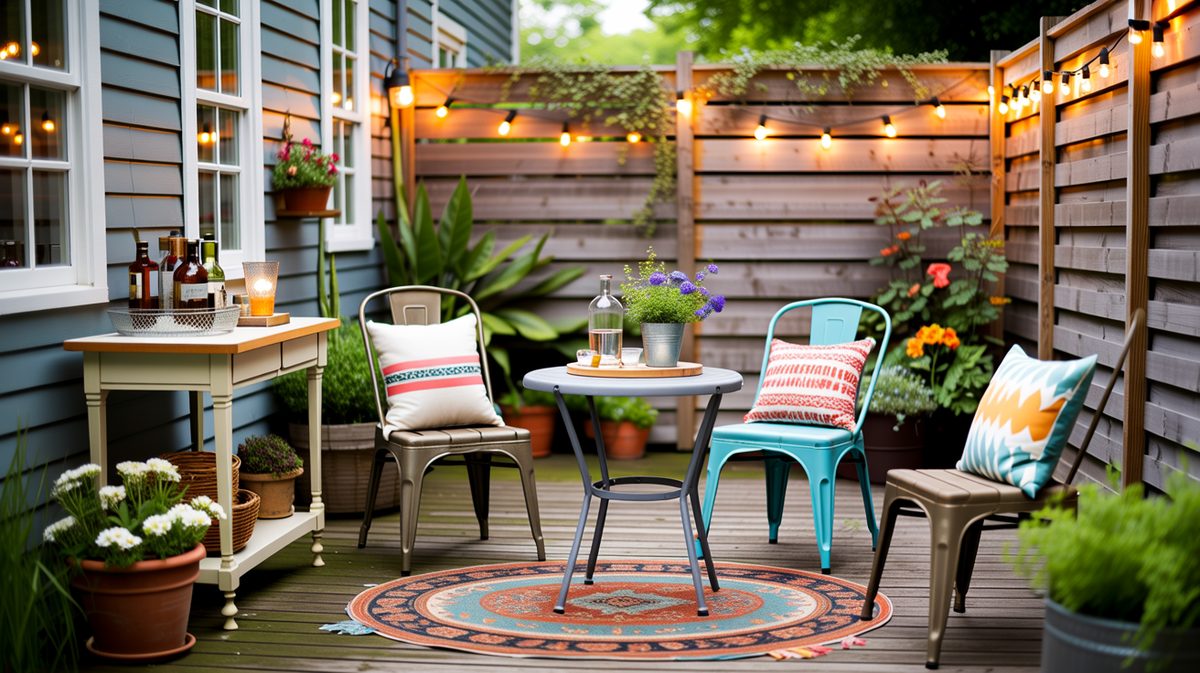 Eclectic patio with repainted mismatched chairs, patterned rug and string lights