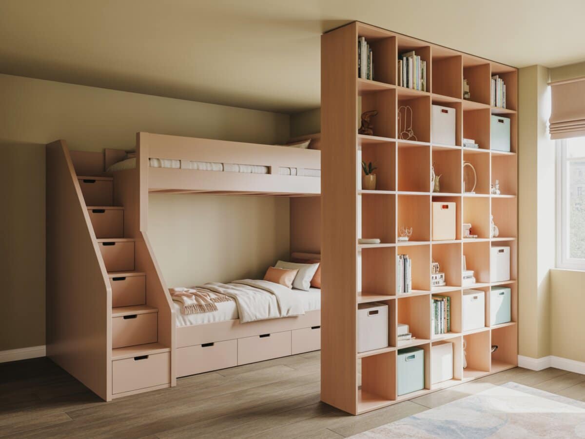 Loft bed with a storage staircase beside a tall cube bookshelf divider