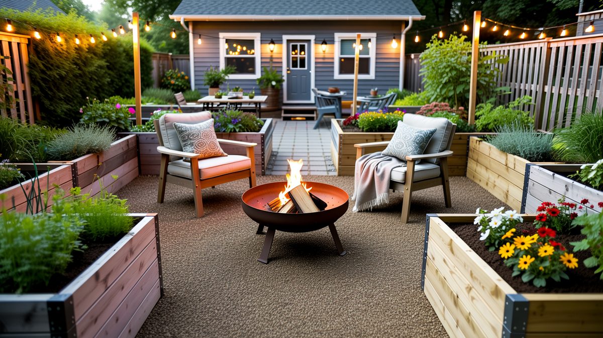 Gravel garden patio framed by raised wood planters around a portable fire pit