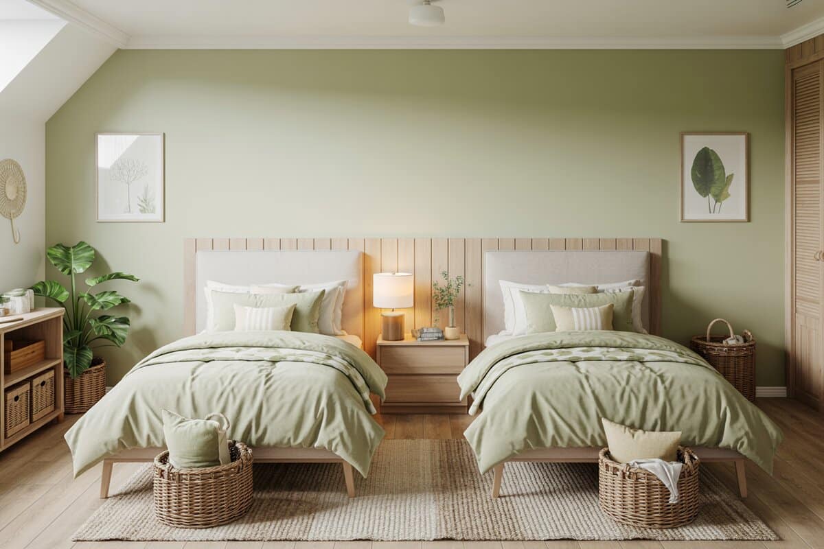 Two twin beds with sage green bedding and natural wood by a green wall