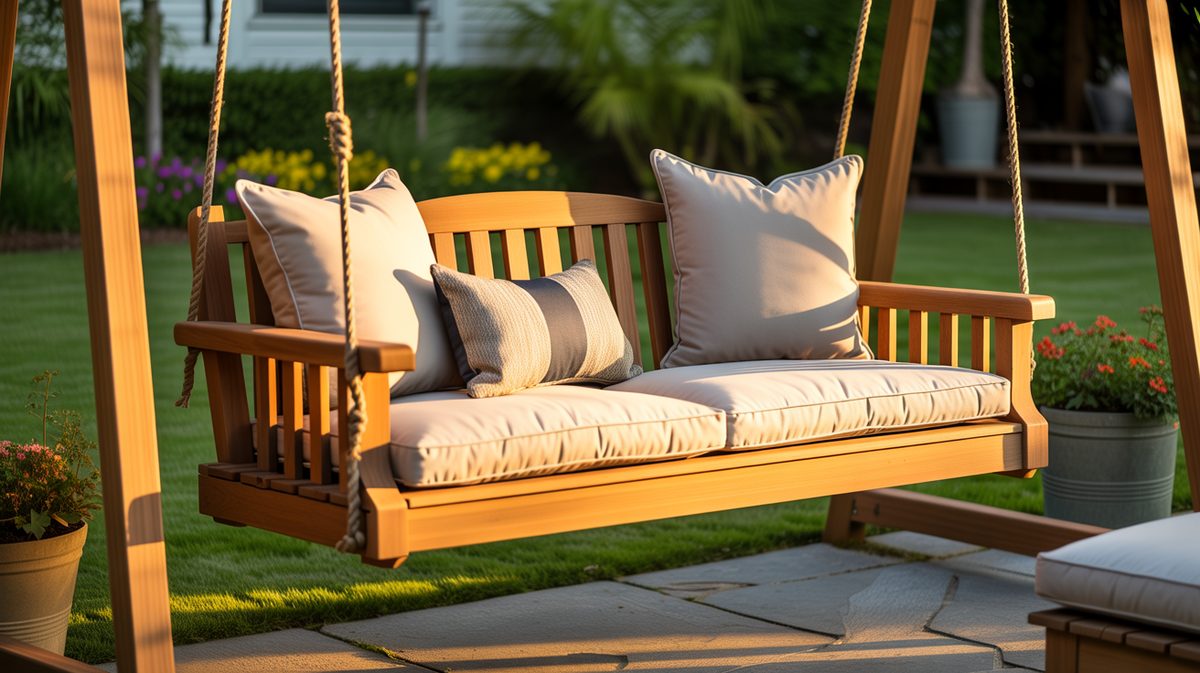 Teak hanging swing bench with plump cushions glowing in golden light