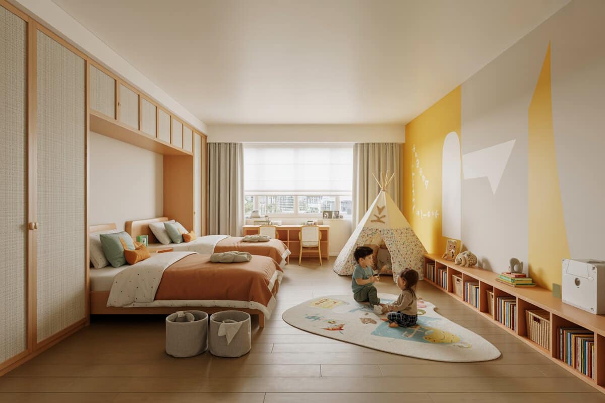 Shared kids room with twin beds a play teepee and a low book wall