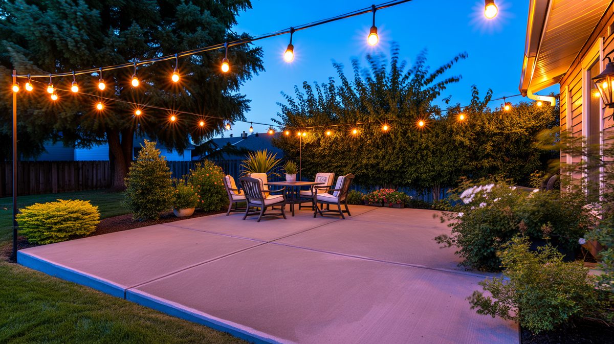 Concrete patio glowing under overhead string lights at deep blue dusk