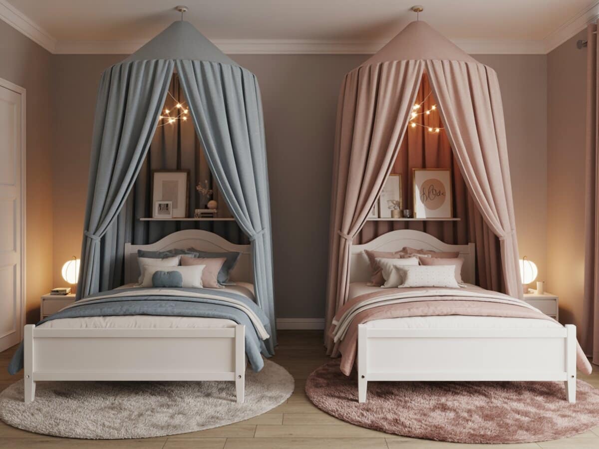 Twin beds under blue and blush canopy tents lit with warm string lights