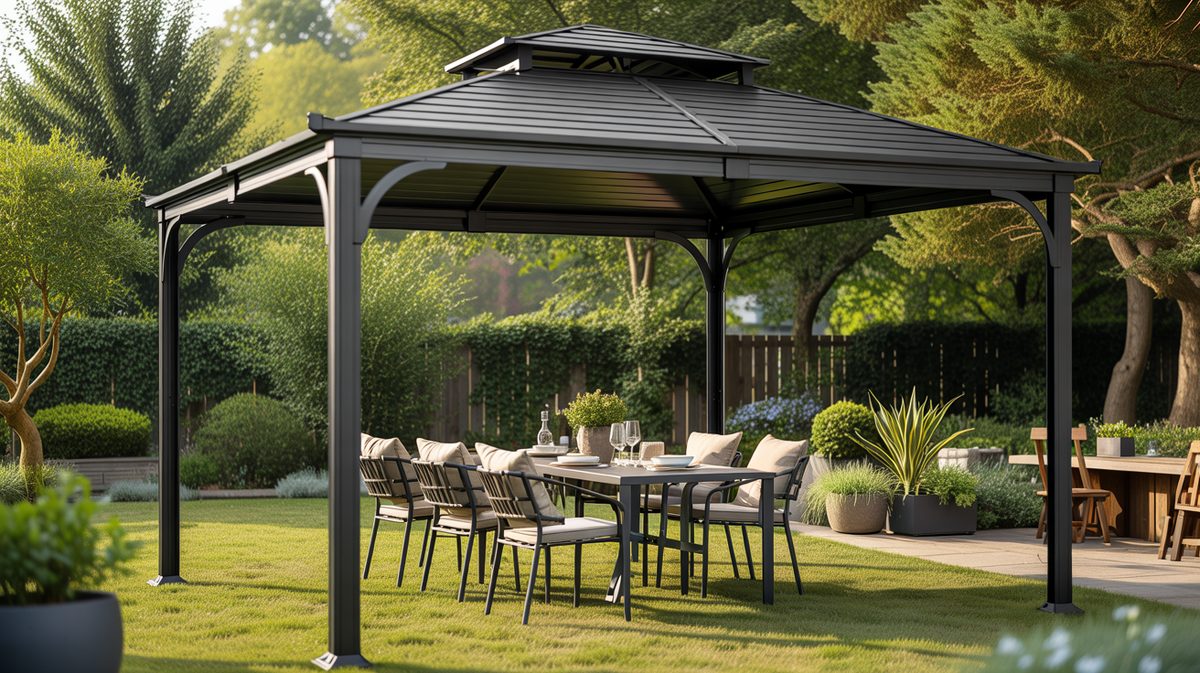 Black metal hardtop pergola sheltering a patio dining set in a garden