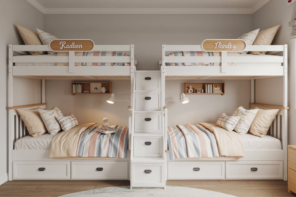 Facing white bunk beds with a center storage staircase and wooden name signs