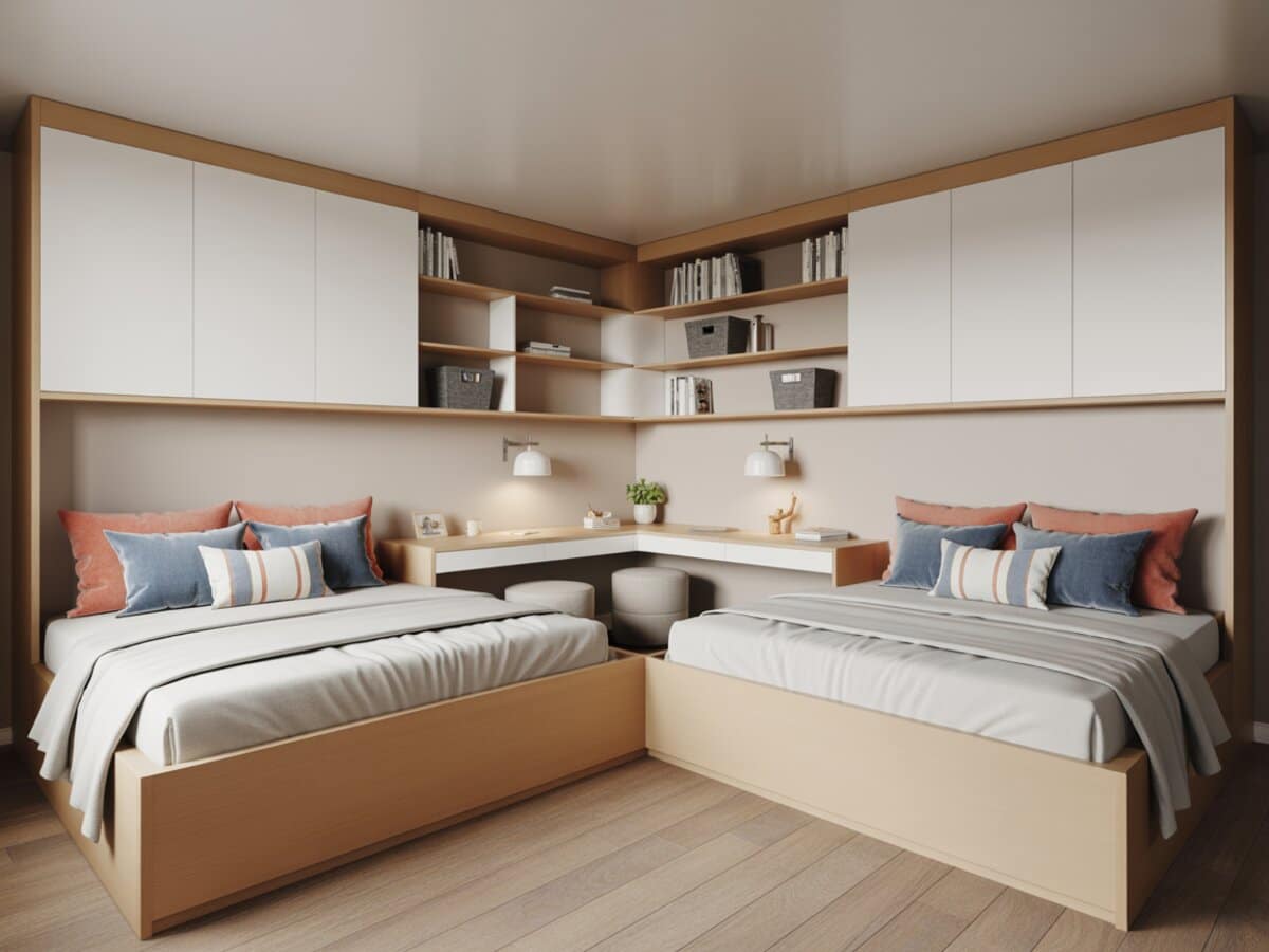 L-shaped wood beds sharing a corner desk under white storage cabinets