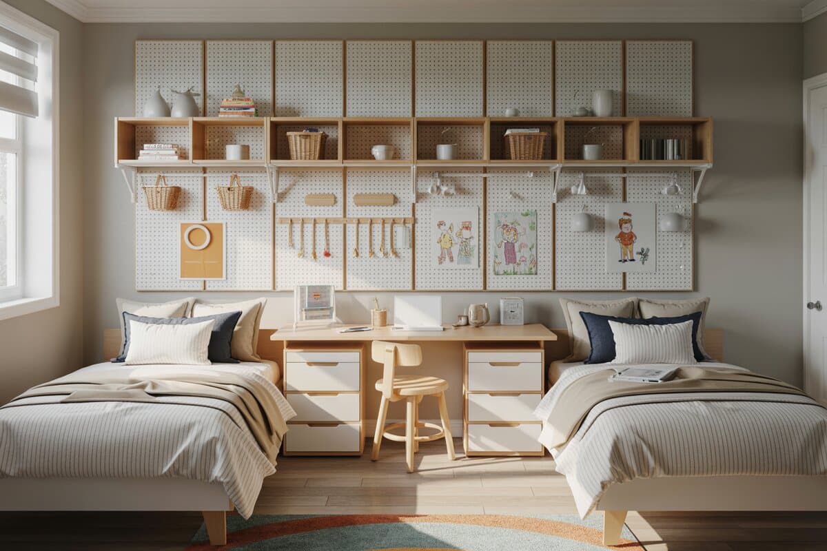 Two twin beds flanking a desk below a full pegboard organization wall