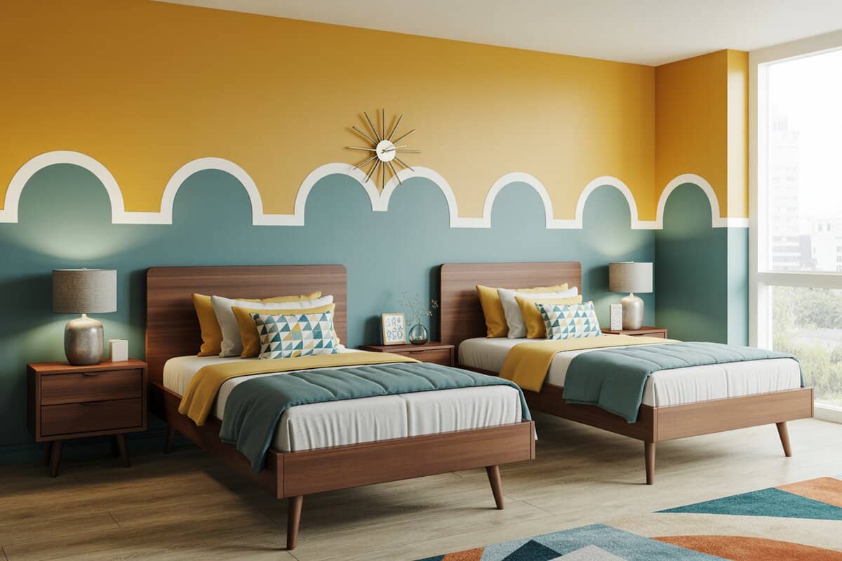 Retro twin beds with walnut frames a mustard wall and teal arched paint