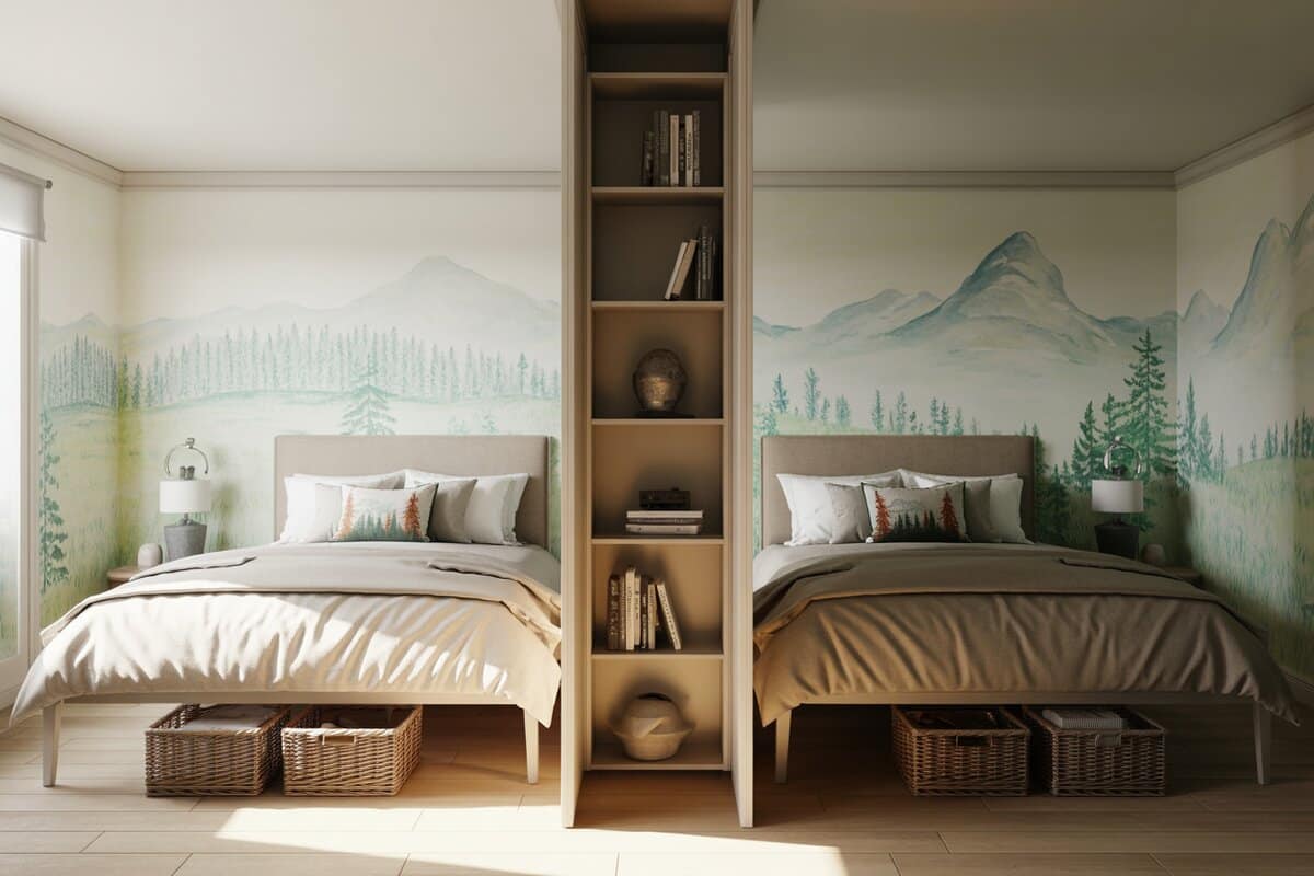 Two beds against a painted mountain mural split by an open bookshelf