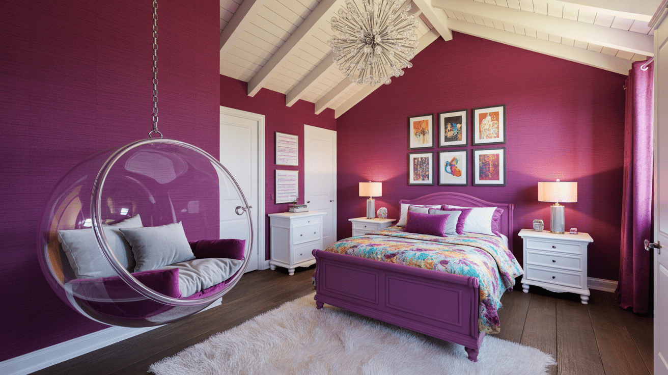 Glam bedroom with see-through chair hanging by chain from the ceiling
