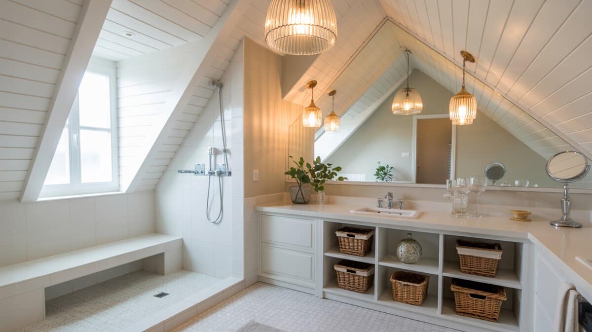 All-white bathroom with sloped ceiling, walk-in shower with built-in bench, and open shelving with wicker baskets